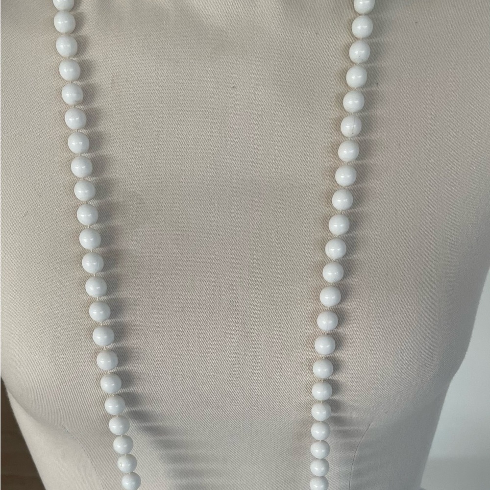 Long White Necklace Plastic Beads Knotted 60 inches Vintage 1960’s